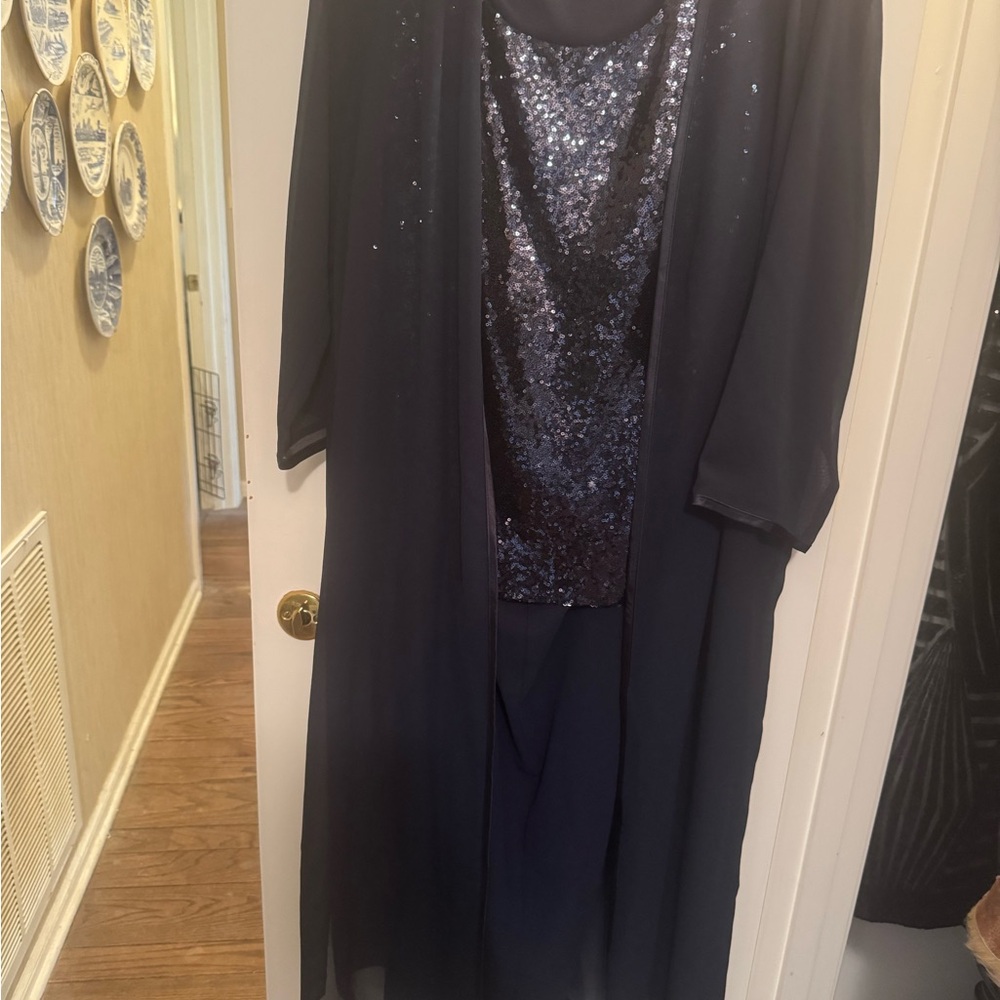 Elegant Navy Sequin Pant Suit with Sheer Overlay.